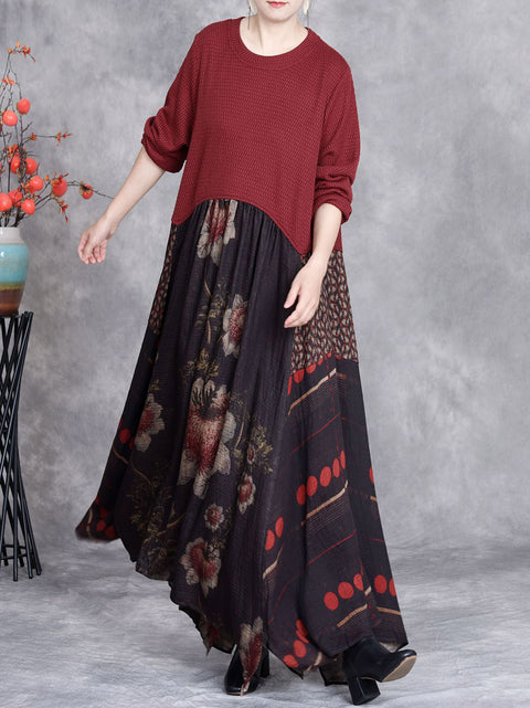 Women Autumn Flower Spliced O-Neck Loose Dress