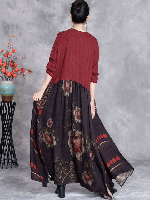 Women Autumn Flower Spliced O-Neck Loose Dress