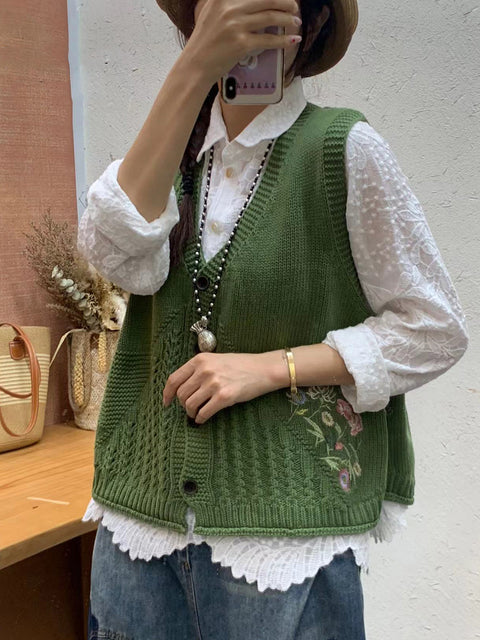 Gilet à capuche en tricot avec broderie florale artistique pour femme