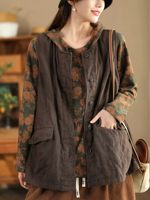 Women Retro Solid O-Neck Cotton Vest Coat