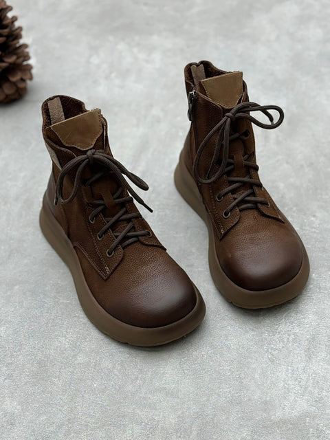 Women Vintage Leather Patch Strap Mid-Heel Boots