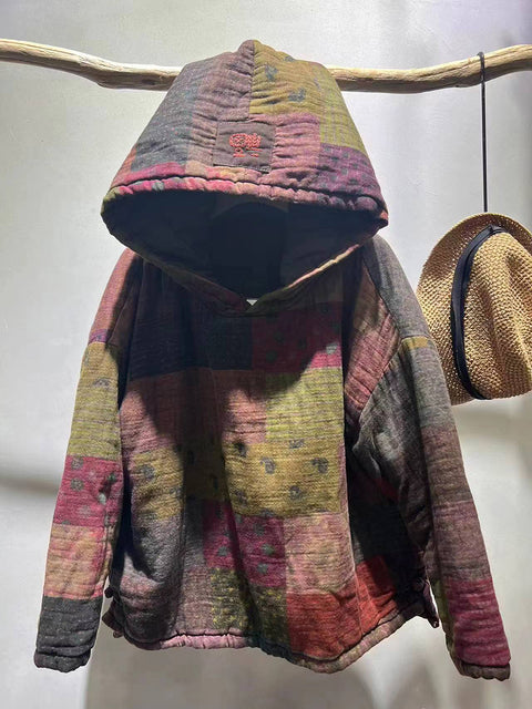 Women Autumn Patchwork Spliced Hooded Cotton Coat