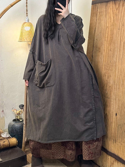 Women Vintage Autumn Solid Cotton V-Neck Spliced  Robe Dress