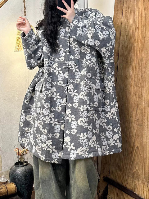 Kvinnor Vintage Höstblomma Button-up bomull Coat