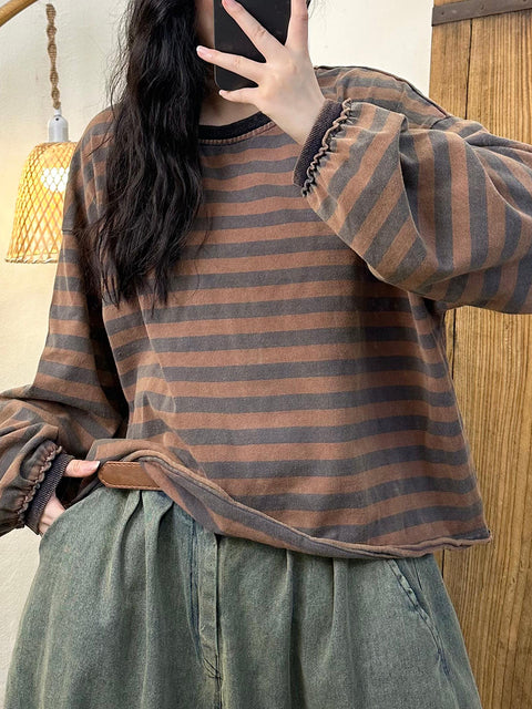 Kvinnor Casual Autumn Colorblock Stripe O-Neck bomullströja