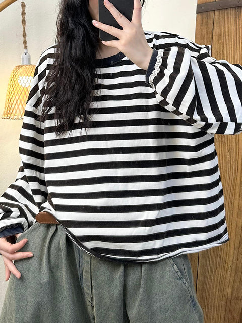 Kvinnor Casual Autumn Colorblock Stripe O-Neck bomullströja