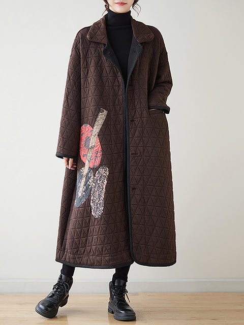 Women Winter Patch Spliced Rhomboid Thick Long Coat