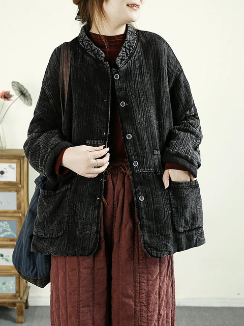 Women Ethnic Autumn Colorblock Stand Collar Padded Coat