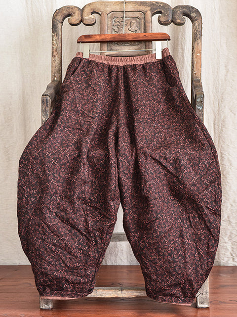 Pantaloni casual cu imprimeu vintage cu buzunar floral din in