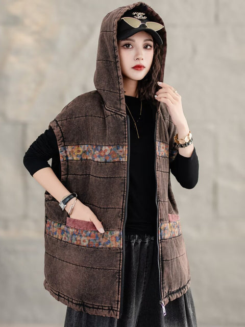 Women Retro Floral Spliced Hooded Cotton Padded Vest Coat