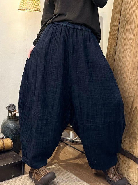 Pantaloni a gamba larga in lino a quadri casual estivi da donna