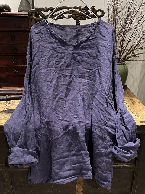 Chemise en ramie à boutons et poches solides pour femmes