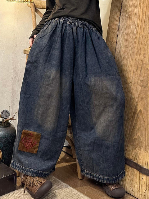 Damskie jesienne spodnie haremowe z denimu w kwiaty retro