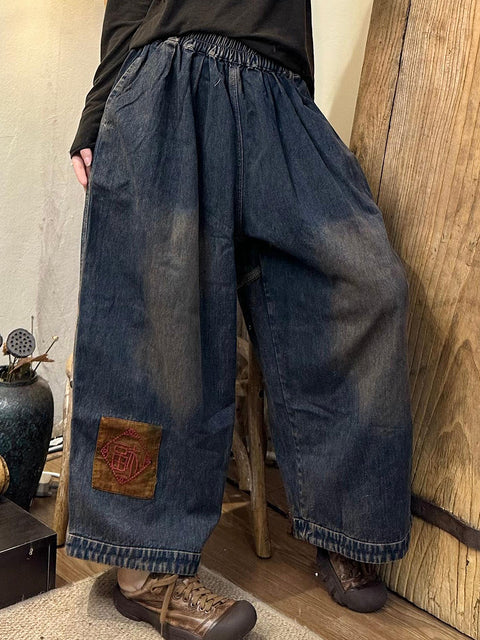 Pantaloni harem in denim con fiori retrò autunnali da donna