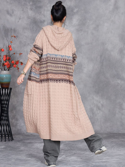 Women Autumn Artsy Knit Cardigan Hooded Sweater Coat