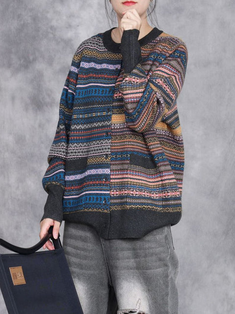 Women Autumn Artsy Stripe Knit O-Neck Wool Sweater