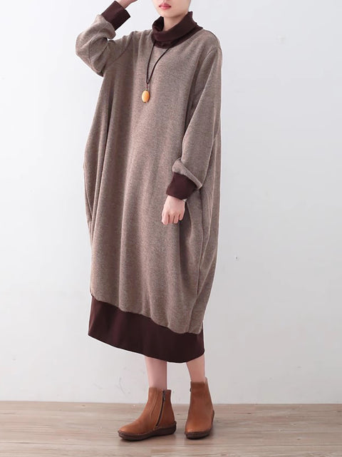 Women Vintage Autumn Colorblock Turtleneck Cotton  Dress