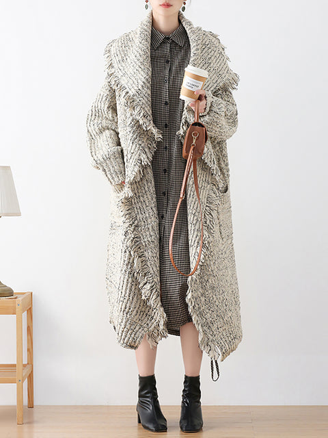 Women Autumn Artsy Tassel Shawl Collar Wool Sweater Coat