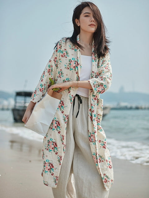 Women Ethnic Autumn Floral Ramie Cotton Long Coat