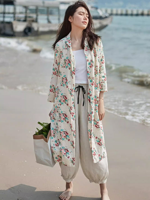 Women Ethnic Autumn Floral Ramie Cotton Long Coat