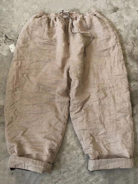 Pantaloni a gamba larga in lino a quadri casual estivi da donna