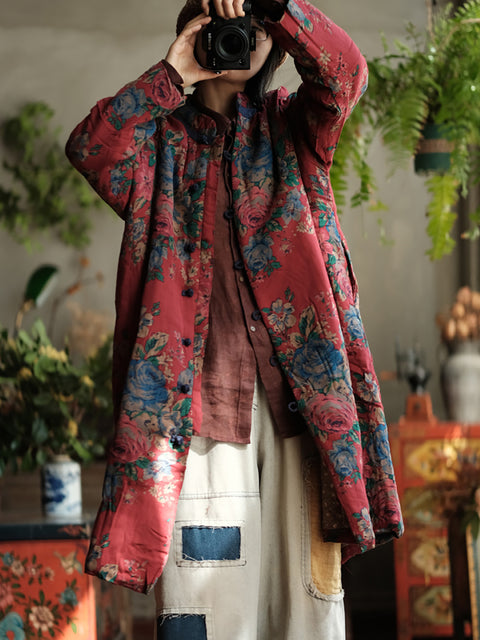 Women Autumn Vintage Stand Collar Flower Cotton Coat