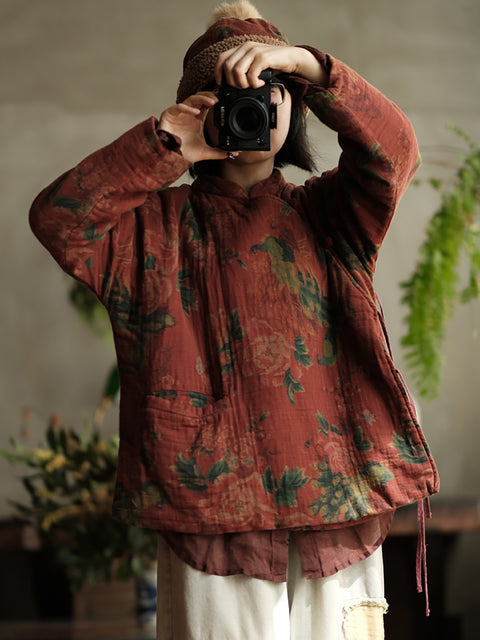 Camisa de otoño con botones y bolsillos de ramio para mujer