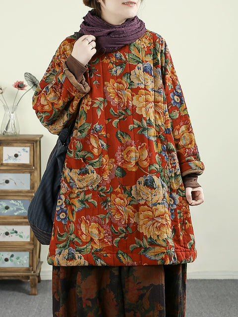 Women Autumn Vintage O-Neck Flower Cotton Padded Coat