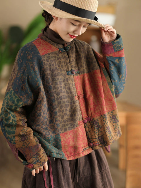 Women Autumn Ethnic Flower Short Linen Padded Coat