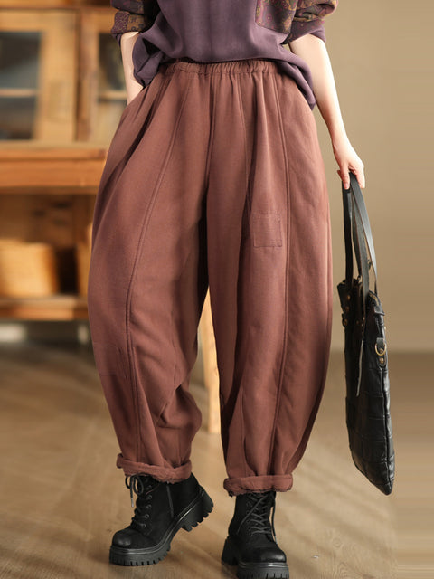 Women Winter Casual Solid Spliced Fleece-lined Harem Pants