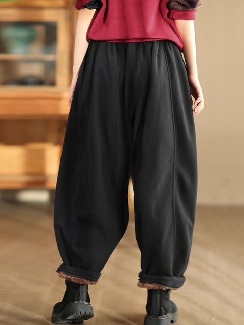 Women Winter Casual Solid Spliced Fleece-lined Harem Pants