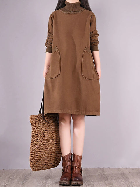 Women Winter Artsy Solid Fleecce-lined Turtleneck Cotton Dress