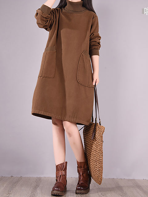 Women Winter Artsy Solid Fleecce-lined Turtleneck Cotton Dress