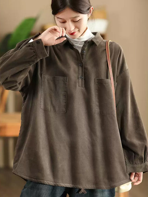 Women Autumn Solid Fleece-lined Henley Shirt