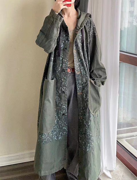 Women Autumn Vintage Flower Solid Hooded Long Coat