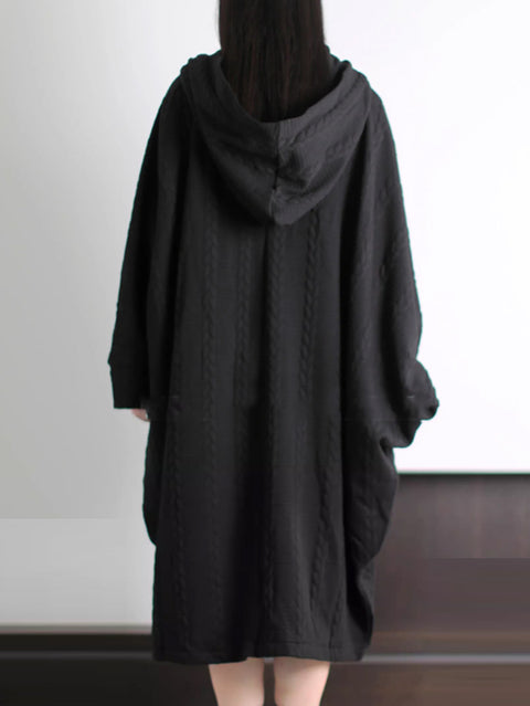 Women Winter Artsy Solid Batwing Sleeve Hooded Dress