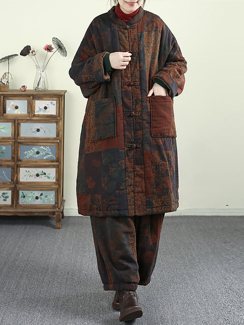 Kvinner Høst Vintage Stand Krage Patchwork 100% Cotton Coat