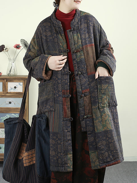 Kvinner Høst Vintage Stand Krage Patchwork 100% Cotton Coat