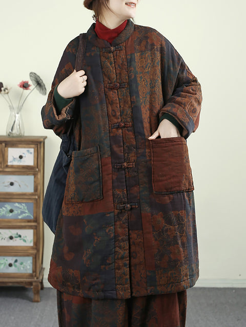 Kvinner Høst Vintage Stand Krage Patchwork 100% Cotton Coat