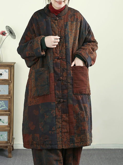 Kvinnor Höst Vintage Stand Krage Patchwork 100% bomull Coat