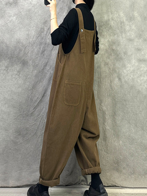 Dames Vintage Solid Corduroy Losse Jumpsuits