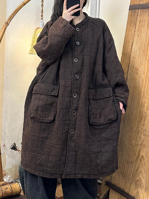 Women Autumn Casual Solid Warm Linen Padded Coat