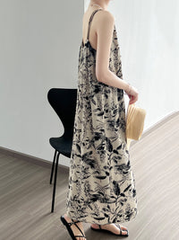 Thumbnail for Women Summer Artsy Floral Ink-print Vest Dress