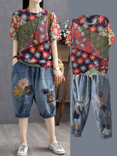 Kvinner Sommer Vintage Stitching Pocket Denim Harem Pants