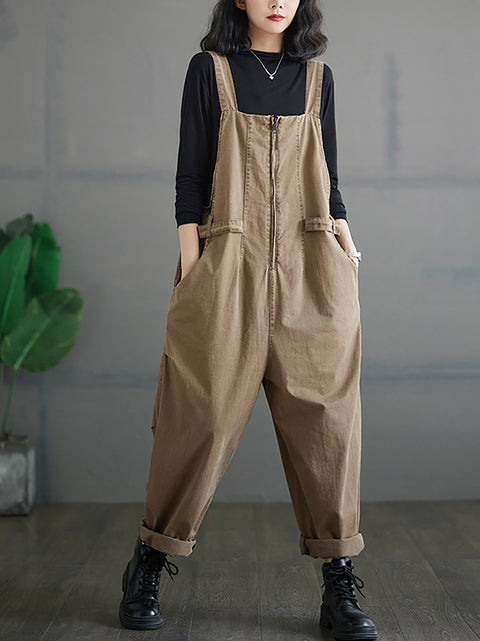 Kvinnor Höst Vintage Dragkedja Casual Lösa Solid Jumpsuits