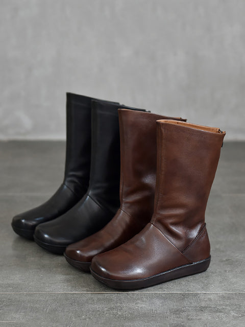 Bottes plates décontractées d'hiver en cuir véritable à talon moyen pour femmes