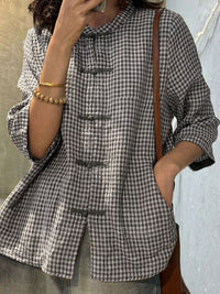 Thumbnail for Plus Size Women Retro Plaid Summer Cotton Button-up Shirt