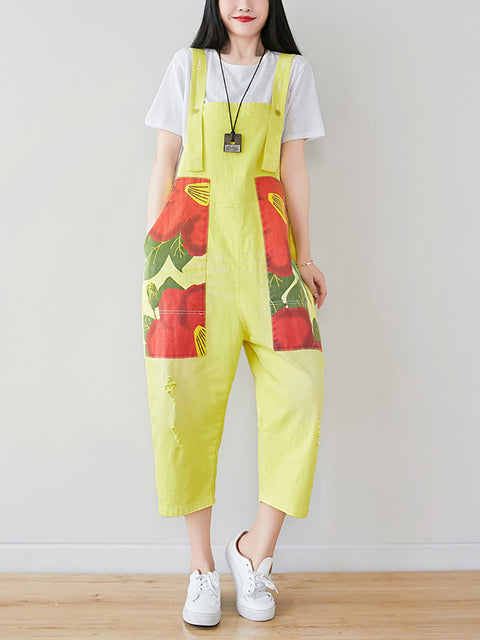 Kvenna sumar Artsy Flower Patch Spliced Pocket Denim Jumpsuits