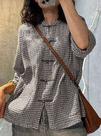 Thumbnail for Plus Size Women Retro Plaid Summer Cotton Button-up Shirt