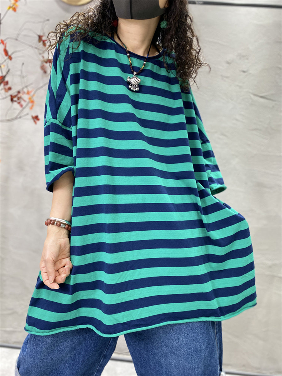 Plus Size Mulheres Casual Stripe Split Hem O-Neck Loose Shirt